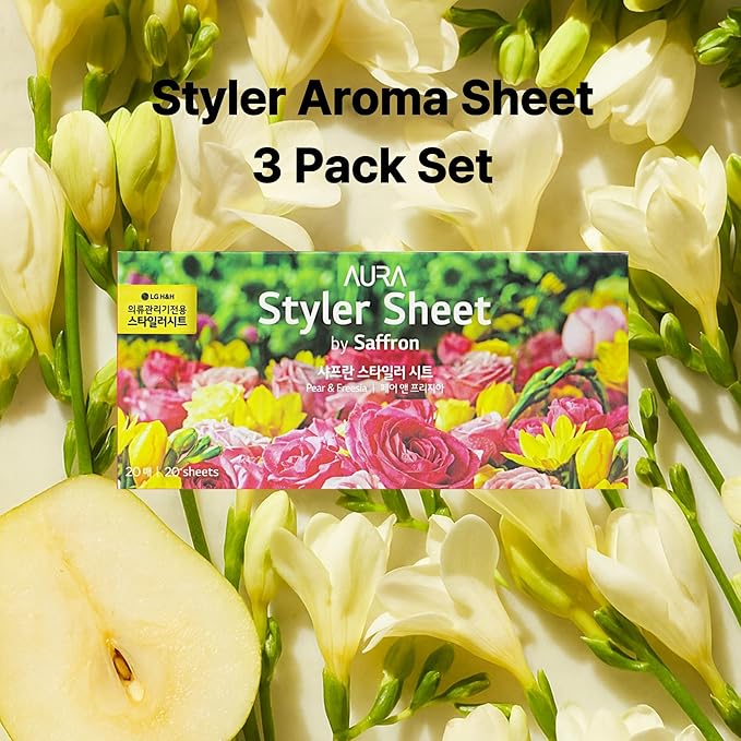 Pear & Freesia Sheet Fragrance 20 x 3 Pack - Long-Lasting Dryer Sheet Scent for Clothing Styler - Deodorizing & Refreshing Fragrance - Easy Use Styler Fabric Softener Sheets Compatible with LG Styler