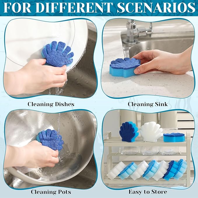 Tioncy 12 Pack Shell Kitchen Sponges Bulk Dual Sided Scrubber Summer Shell White Blue Sponges Dishwashing Kitchen Cleaning Accessories for Funny Beach Sea Theme Household Supplies