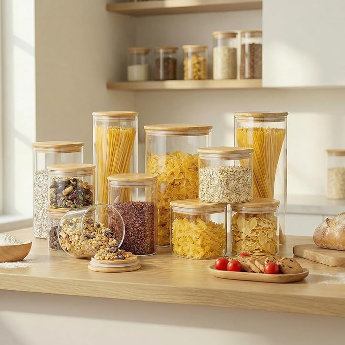 HomArtist Square Glass Jars with Bamboo Lids 27 FL OZ [Set of 6], Glass Canisters with Airtight Lids, Glass Food Storage Containers for Coffee, Sugar, Tea, Candies, Cookies,Best for Kitchen & Pantry