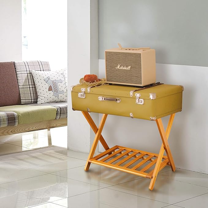 Casual Home Foldable Solid Wood Fully-Assembled Luggage Rack, 26.75"Wide with Shelf, Honey Oak