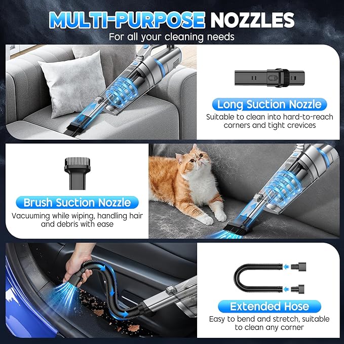 JONYJ Handheld Vacuum Cordless, 16000PA Strong Suction Hand Held Car Vacuum Cleaner, Portable Hand Vacuum Rechargeable with Multi-Nozzles & LED Light for Home, Car, Office, Pets