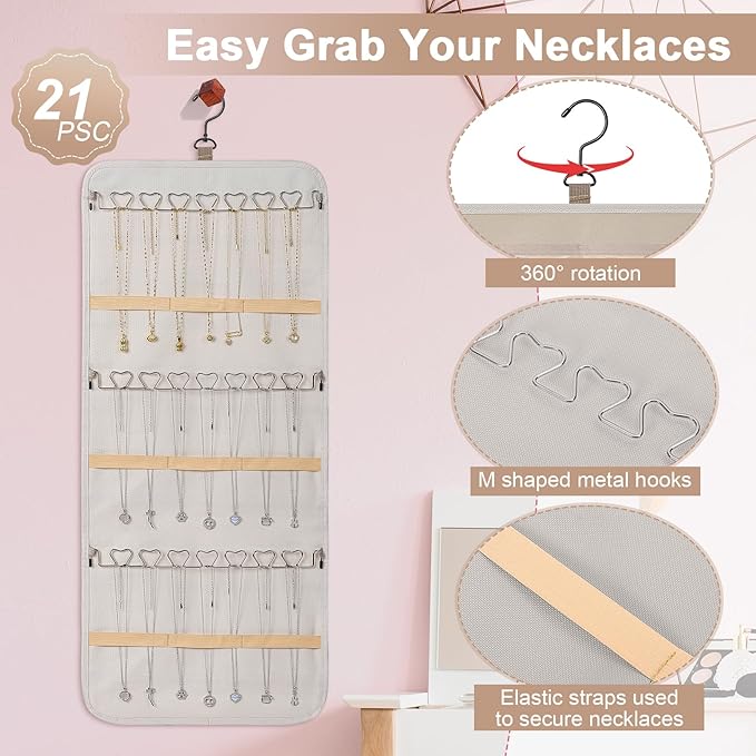 Dynoro Double-Sided Hanging Jewelry Organizer, Large Lvory Storage Roll for Earrings, Necklaces, Rings, 48 Pockets 21 Hooks, Durable Oxford Fabric for Closet, Wall, Door, 1 piece, Jewelry Not Included