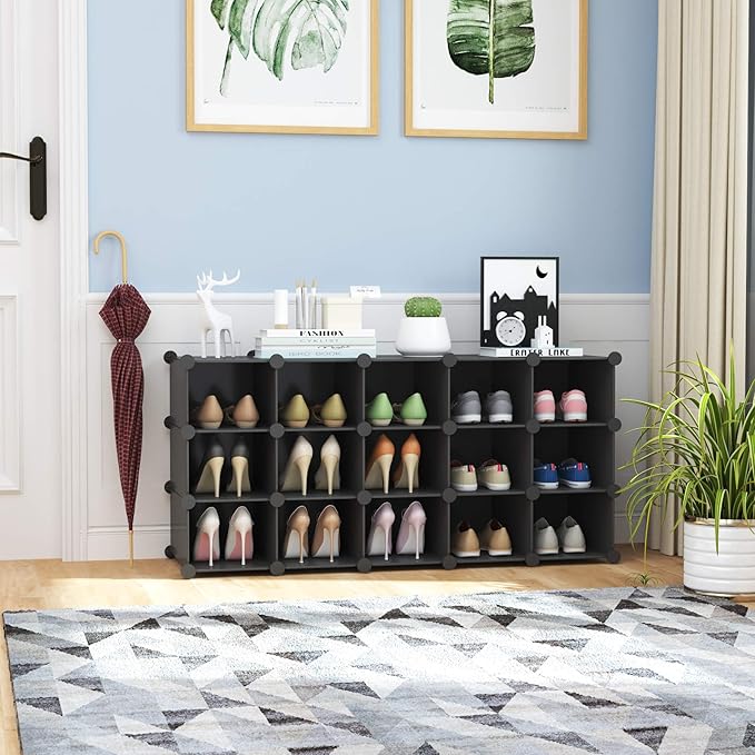C&AHOME Plastic Shoe Rack,16-Cube Modular Shoes Storage Stand, Multifunction Closet Cabinet, Stackable Shoe Organizer Units for Bedroom Living Room Doorway, 36" L × 14.2" W × 28" H Black SRP15B