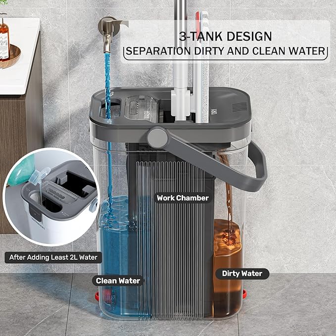 Mop and Bucket Set, Flat Mop and Bucket System with Separate Dirty and Clean Water, 3-Compartment Wall Cleaner Mop, Flat Mops for Floor Cleaning with 4 Microfiber Pads