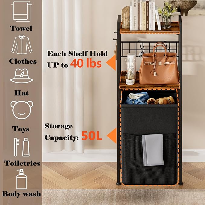 Furnulem Laundry Hamper, Vertical Laundry Basket with 2 Tiers Wooden Shelf and Hooks, Clothes Hamper with Pull-Out and Removable Bag for Bathroom, Bedroom, Dorm, 13.21 Gallons (50L)