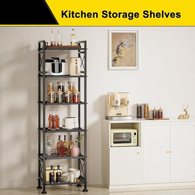 GIOTORENT Pantry Storage Shelves, 6-Tier Metal Storage Rack with X-Shaped Side Frame, Heavy-Duty Wire Shelf for Kitchen, Bathroom, Laundry Room, 120lb/Layer, Black Standing Shelves
