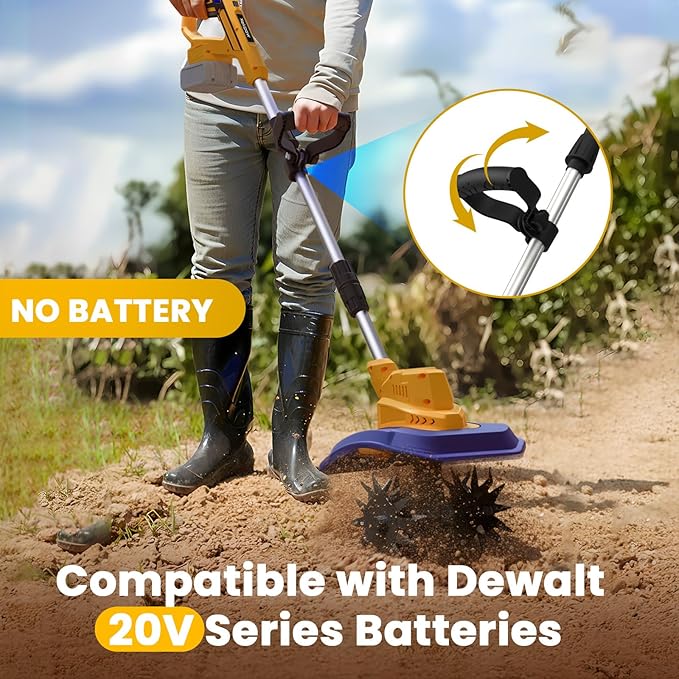 Cordless Garden Tiller Cultivator Compatible with Dewalt 20V/60V MAX Battery, 250RPM Electric Rototiller with Brushless Motor, 48 Steel Tines, 8.7" Tilling Width, 6.3" Depth, Rotary Tiller(Tool ONLY)