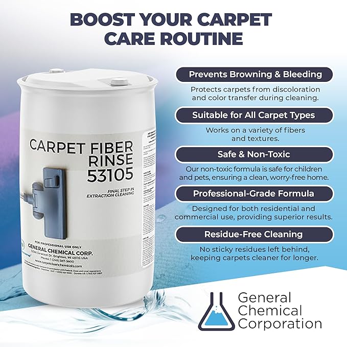 CarpetGeneral- Carpet Fiber Rinse & Odor Neutralizer Solution 53105|Prevent Browning, Bleeding & Odors with Top Carpet Cleaner Liquid|Carpet Fiber Rinse Professional Residue Attracting Agent 55 Gallon
