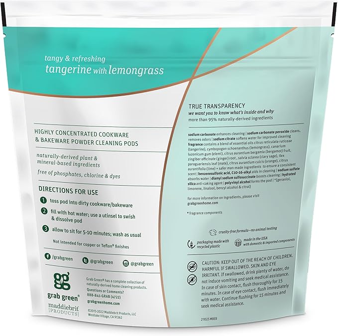 Grab Green Cookware and Bakeware Cleaner Pods, 4 Bags of 15 Pods, Tangerine Lemongrass Scent, Plant and Mineral Based, Removes Burnt-On Food, Eliminates Grit and Grime, No Scrubbing Necessary