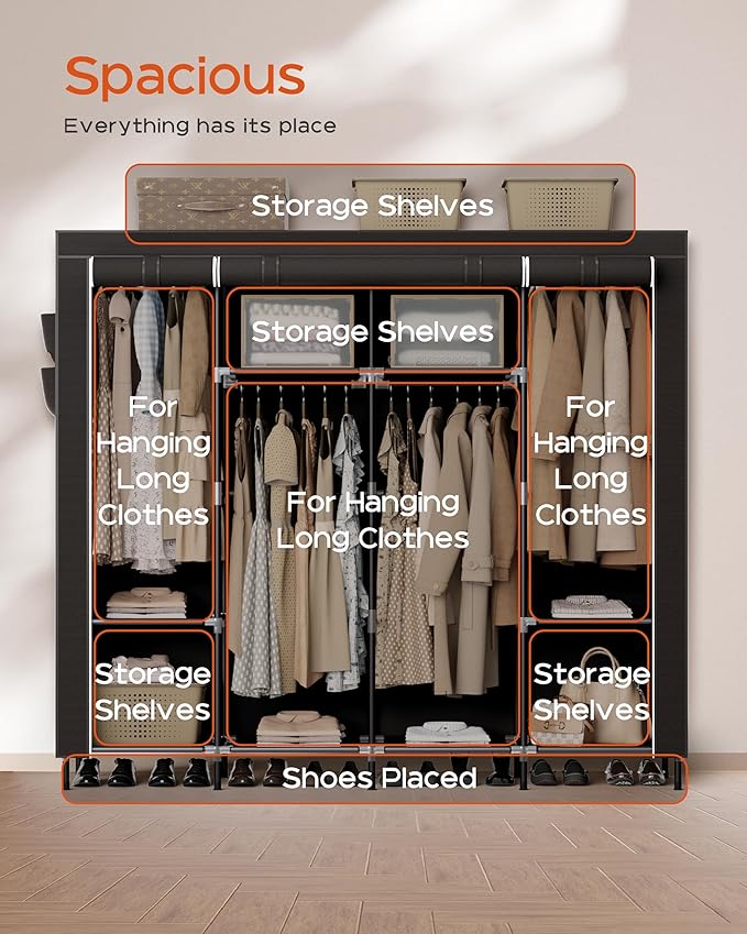 CASAMAYA Portable Closet, 66.9 Inch Large Capacity Wardrobe Closet with Cover, Clothes Storage Organizer with Shelves and 4 Hanging Rods, Easy to Assembly, Black PCT204B01