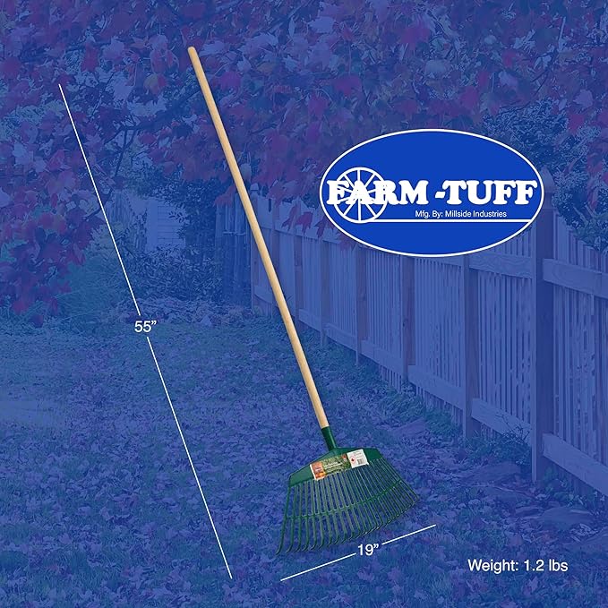 FARM-TUFF 19 Inch Leaf & Garden Rake with 48 Inch Hardwood Handle – Wide, Durable Rake for Lawns, Flower Beds, and Yard Cleanup