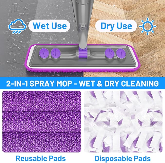 Spray Mops for Floor Cleaning - Wet Dry Mops with 2 Washable + 2 Disposable Pads for Swiffer Powermop - Refillable Bottle for Hardwood Tile Home Kitchen - Absorbs Pet Hair Dust Stains