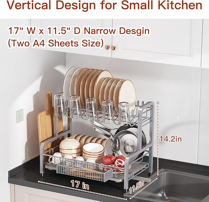 2 Tier Dish Drainer Drying Rack for Kitchen Counter Large Stainless Steel Dishes Drain with Drainboard Set, Space Saving, Big Modern Black Countertop Metal Plate Dryer Strainer Holder and Extra Tray