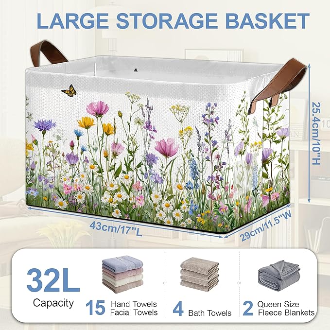 Wildflowers Butterfly Storage Baskets,Garden Herb Flower Foldable Large Capacity Organizer Bins with Waterproof Lining and Leather Handles for Closet,Shelf,Bedroom 17x11.5x10Inch