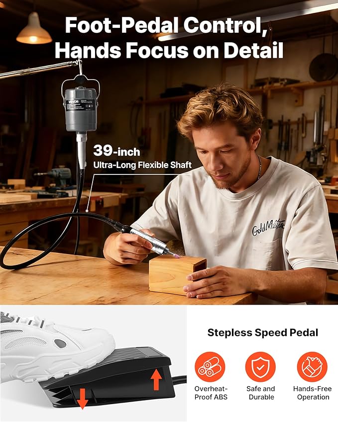 VEVOR Flex Shaft Grinder, 150W 23000RPM Electric Flex Shaft Rotary Tool, Foot-Pedal Control Hanging Carver Grinder with 112PCS Accessory Kit for Sanding Buffing Polishing Cutting