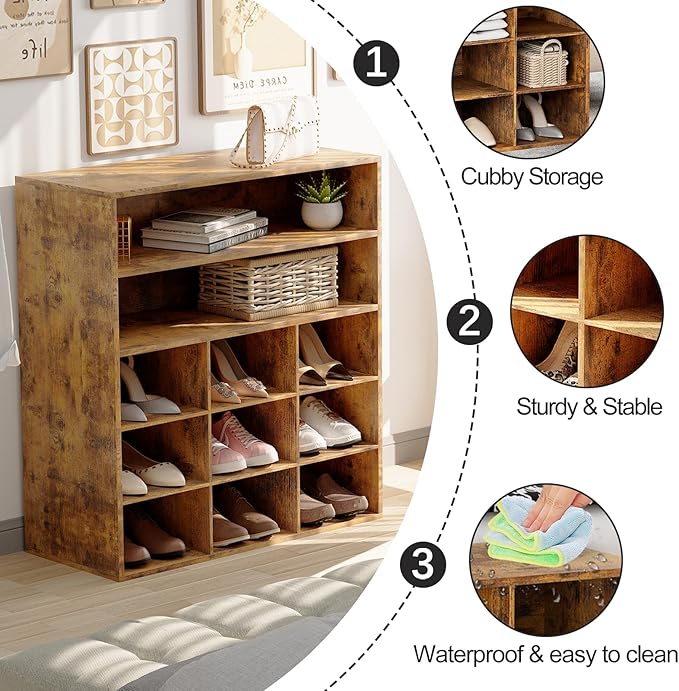 Garden 4 you Shoe Rack Organizer, 5-Tier Wood Cubby Shoe Rack with 2 Storage Shelf and 9 Cubbies, Shoe Organizer Cabinet for Entryway, Hallway, Closet and Garage,Brown