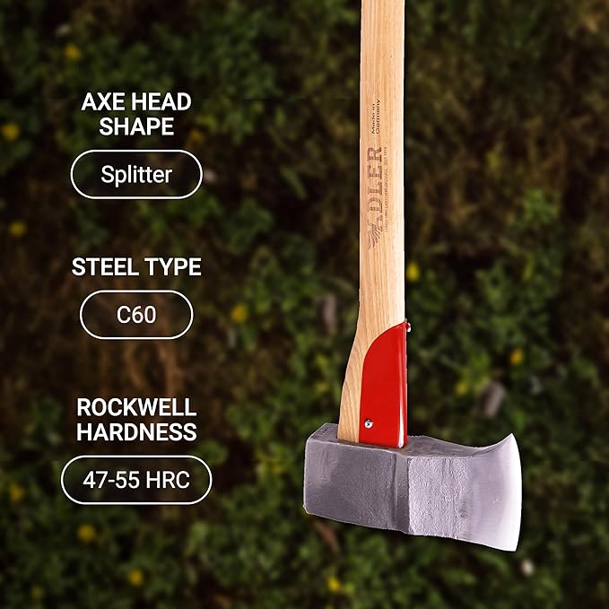 Adler Super Splitter - German Made, Wood & Rounds Splitting Axe with Hollow-Forge Design, 31.5" Hickory Handle with Anti-Slip Grip, 6.2 lb Head, Premium Leather Sheath