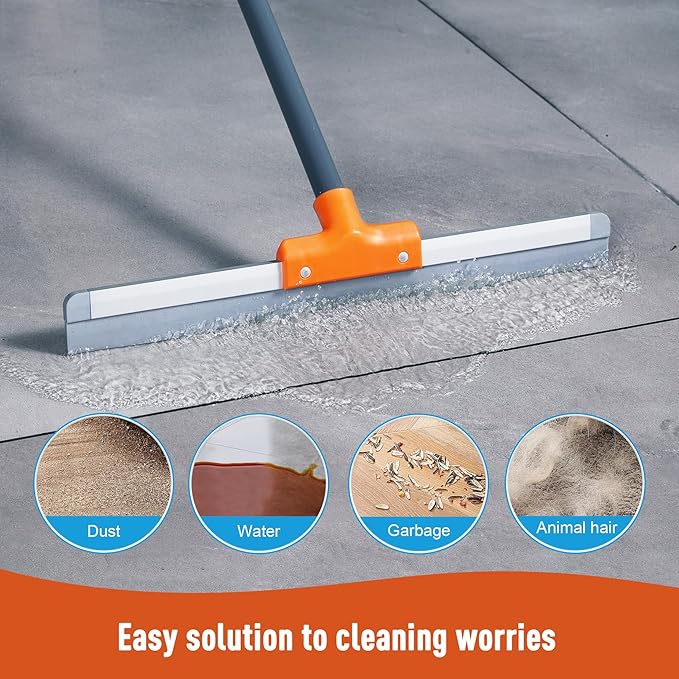 Rubber Floor Squeegee for Concrete Floor, Tile Floor, Metal Aluminium Heavy Duty Garage Shower Floor Squeegee Broom for Removing Water, Commercial Scrubber Mop with Extendable Long Handle