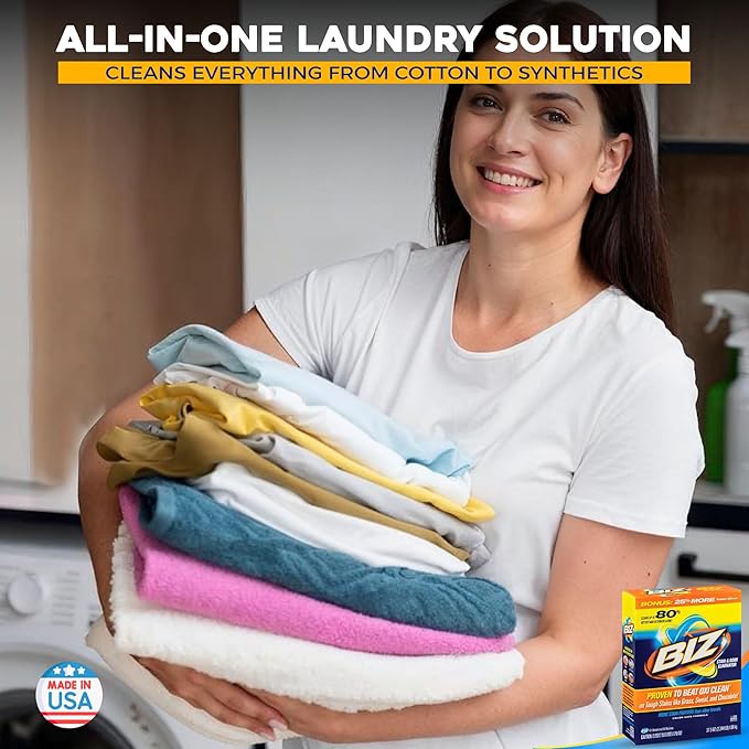 Biz Laundry Detergent Powder, Stain and Odor Eliminator for Tough Stains Like Grass Sweat and Chocolate, Powder Laundry Detergent with 4 Stain Fighters, Color Safe, Unscented, 2 Pack, 75 Oz Total