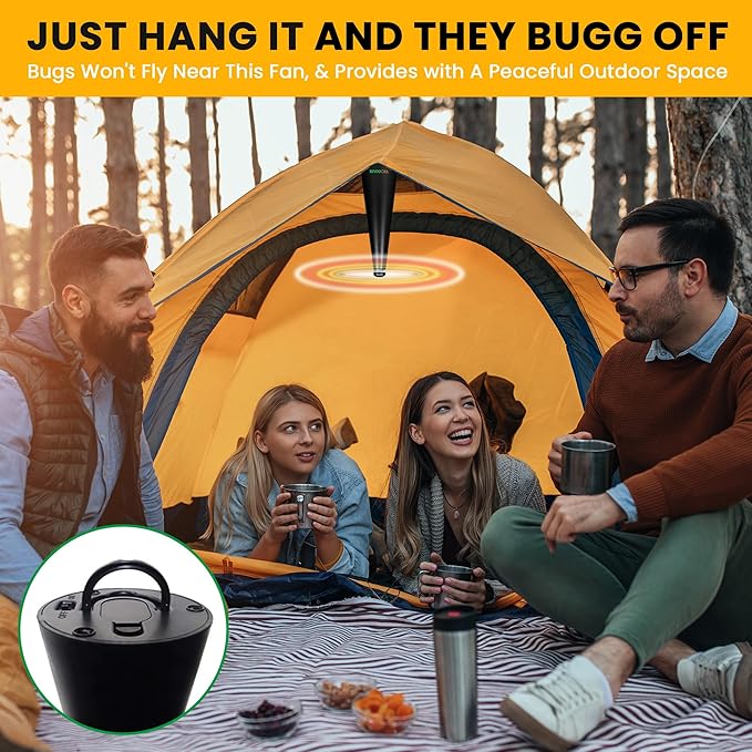 BUGGOFF Black Fly & Flying Insect Repellent Fan with Twin Blades, Table top & Hangable, Battery Powered USB C Chargeable, Cable Included. Safe Blades with Auto Stop. 4 Pack