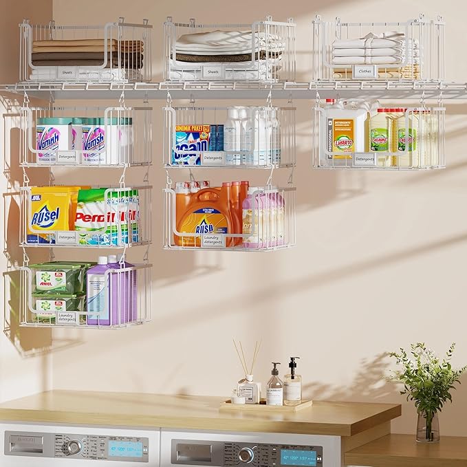 5-Tier Hanging Laundry Room Organizer with Label Cards,Foldable Wire Shelf Basket with 4 Rotating Hooks,Stacked Laundry Basket Organizer,Storage Rack for Laundry Rooms,Closet and Pantry-White