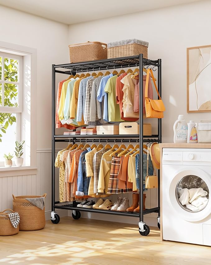Sakugi Clothes Rack - Double Hanging Rod Clothing Rack with Wheels & Leveling Feet, Large Capacity Wardrobe Closet with Shelves for Bedroom, Laundry Room, Entryway, 45.2" x 12.6" x 80.7", Black