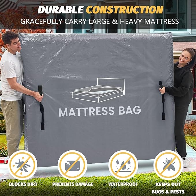 Mattress Bags for Moving and Storage, BETU Waterproof Mattress Protector King Mattress Cover with 8 Heavy Duty Handles and Zipper Extra Thick Moving Supplies for Bed Reusable (82x79x13.5 Grey)