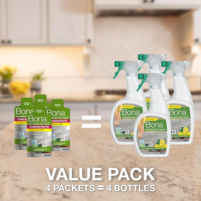 Bona Multi-Surface Floor Cleaner Concentrate, Lemon Mint Scent, 1 fl oz, Pack of 4 (Makes 128 fl oz) Spray Mop and Spray Bottle Refill – For Use on Stone, Tile, Laminate, and Vinyl Floors