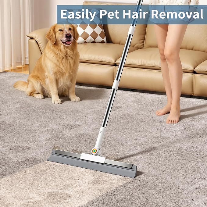 Floor Squeegee for Concrete Floor, Squeegee for Floor with 180° Rotating Head & 63" Long Handle, Garage Floor Squeegee Broom for Epoxy, Pet Hair, Water Removal, Tile Floor, Shower Glass, Driveway