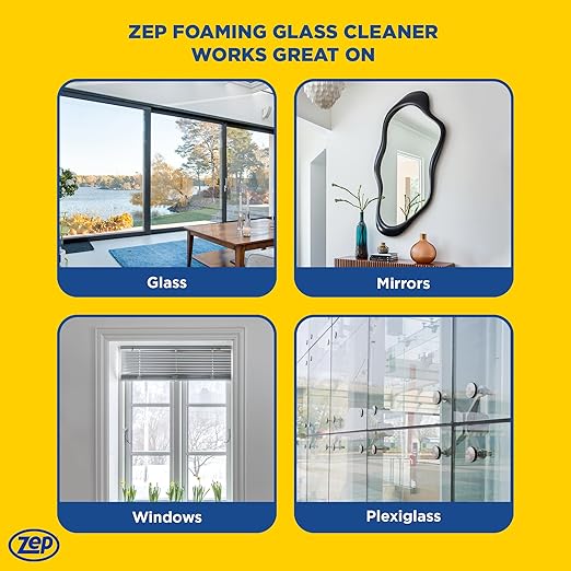 Zep Foaming Glass and Plexiglass Cleaner - 19 oz (Case of 4) ZUFGC19 – Foaming Formula that clings to Vertical Surfaces for Streak-Free Glass Cleaning