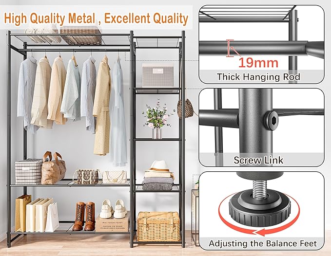 Wardrobe Closet,Portable Clothes Rack with 4 Tiers Shelves,Freestanding Closet Organizers and Storage System with Hanging Rods,Steel Clothing Rack Suitable for Cloakrooms,Bedrooms,Entrances,etc.Black