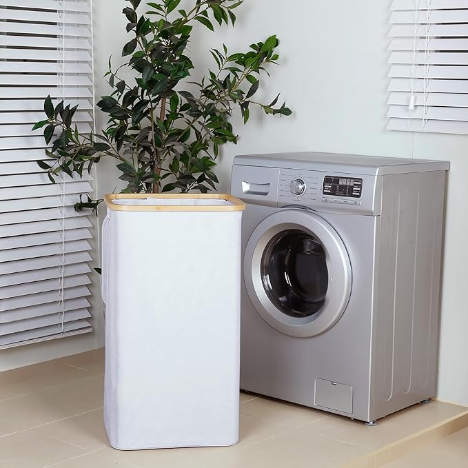 iEGrow 110L Laundry Hamper with Lid，Dirty Clothes Hampers for Laundry,Laundry Basket with Bamboo Handles and Removable Bag,Hamper for Bedroom, Bathroom, Dorm, Laundry Room, White
