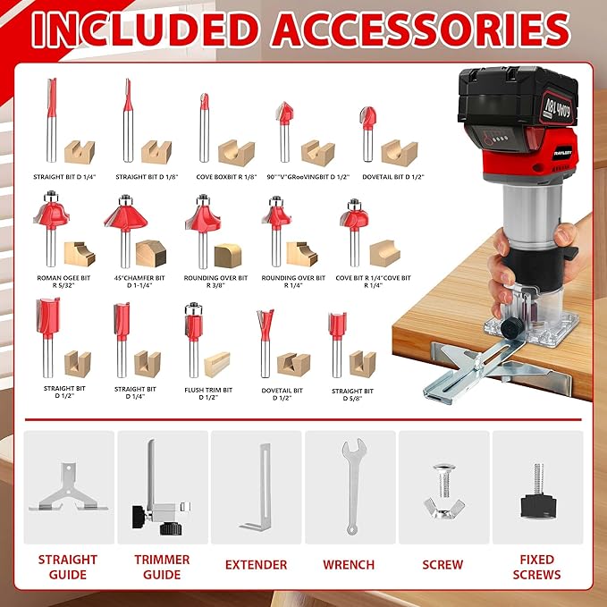 Cordless Wood Router Trimmer Compatible With MILWAUKEE 18V Battery, 800W 30000 RPM Brushless Motor Hand Palm Router with 15pcs 1/4"Shank Router Bits for Woodworking,Slotting(NO Battery)