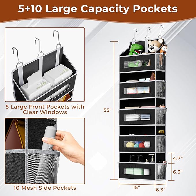 5 Tier Over The Door Organizer - Large Capacity Behind Door Hanging Shelves with 10 Mesh Pockets and Clear Windows, Closet Organizers and Storage for Bathroom, Bedroom, Nursery, 2 Pcak Black