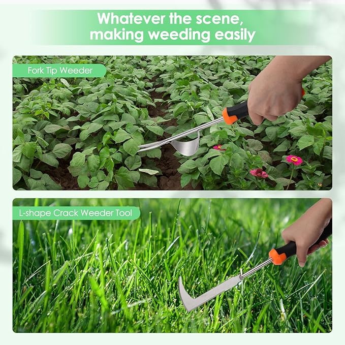 Weed Puller Tool, Set of 3, Rubber Handle Weed Remover Tool, Manual Weeder,L-Shaped Weeding Tool, Thickened Stainless Steel Crack Weeder,Planting and Weeding for Garden, Patio