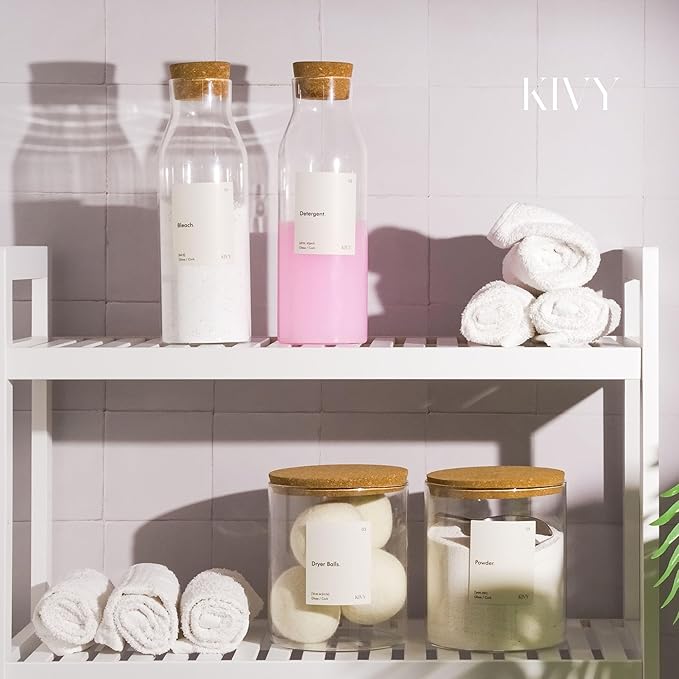 KIVY Glass Detergent Dispenser Container Set of 4 [INCL Labels] Large Glass jars for Laundry Room Organization Decor - Laundry soap dispenser for liquid detergent dispenser - Fabric softener dispenser