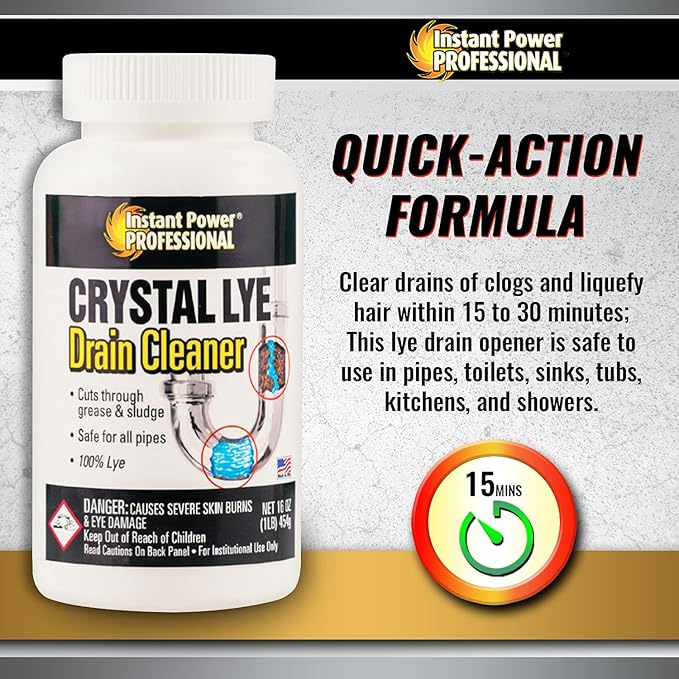 Instant Power Professional Crystal Lye Drain Cleaner, Drain Clog Remover Made of Pure Lye Crystals