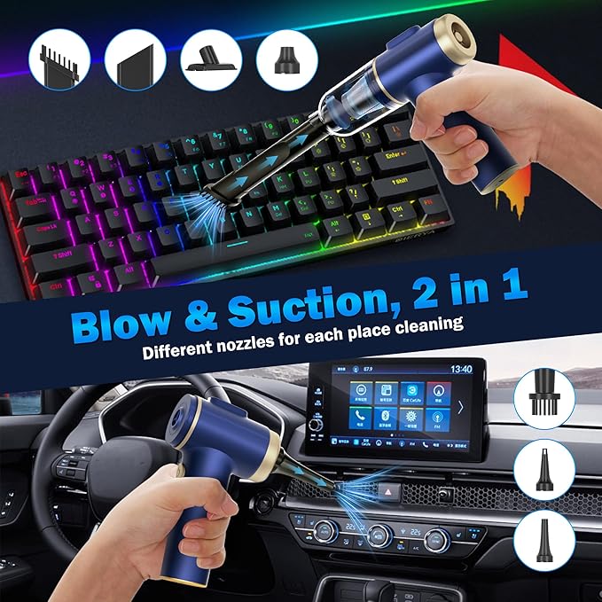 Handheld Car Vacuum Cleaner, 2-in-1 Portable Mini Car Vacuum Cleaner,16000Pa High Power & Air Duster, Handheld Vacuum Cordless with LED Light and Multi-Nozzles for Car,Home,Office(black blue)