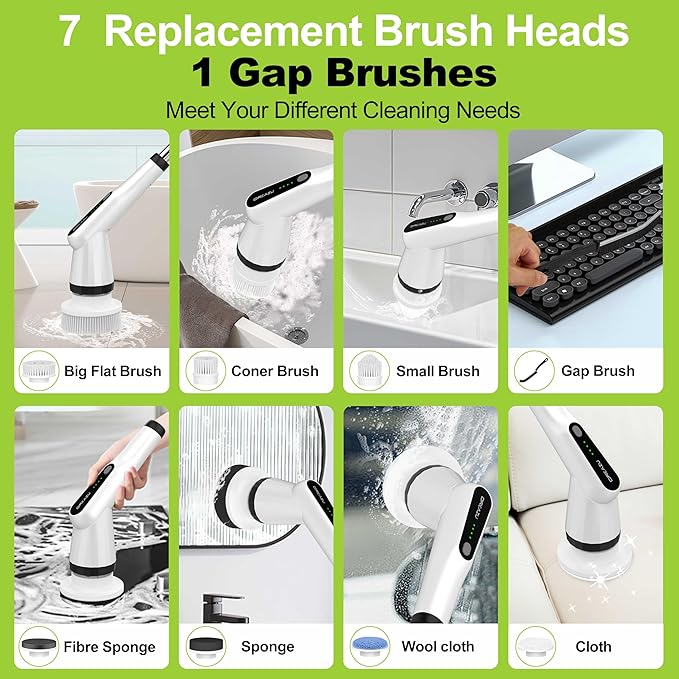 WKY-Electric Spin Scrubber - Upgraded 12-in-1 IPX7 Waterproof Shower Scrubber, Retractable Handle & 2-Speed for Toilet, Bathroom, Bathtub, Tile Floors