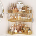 Golden 3-Tier Corner Bathroom Organizer, Countertop Storage Shelf with Hooks | Makeup & Skincare Organizer for Bathroom Sink and Vanity Counter