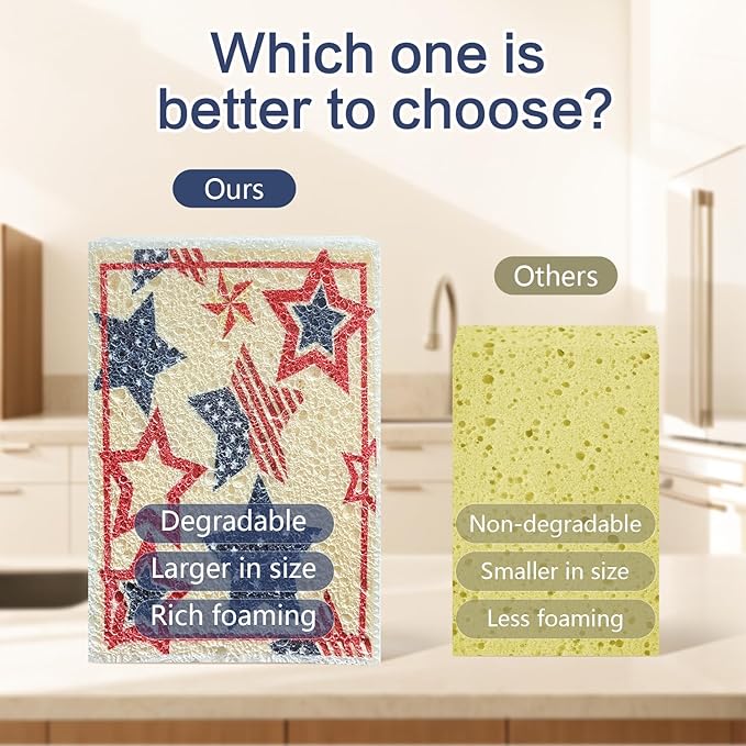 4Pcs USA Flag Heavy Duty Kitchen Dish Sponges | Large Odor Free Non-Scratch Scrub Pad | Household Cleaning Scrubber for Sink, Counters, Surfaces, Pots, Pans, Dishwashing (6" x 4" x 1"), Style 1