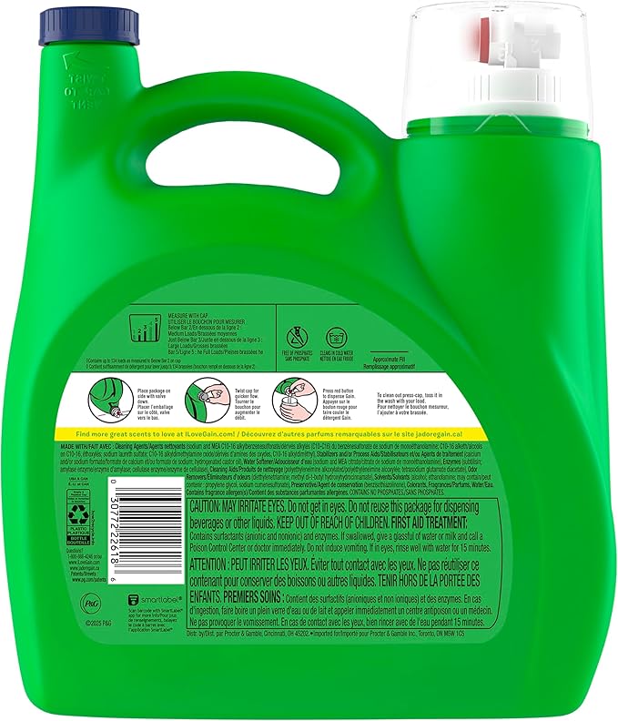 Gain Ultra Oxi Liquid Laundry Detergent, Waterfall Delight Scent, 177 fl oz, Freshness + Odor Fighting, High Efficiency Washing Machine Liquid Cleaning Soap, 134 Loads (Packaging May Vary)