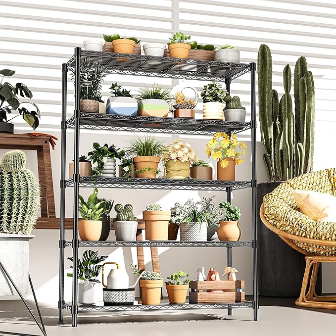 48" W Storage Shelves 1875LBS Metal Shelving, 5-Tier Adjustable Wire Shelving Unit with Liners, Heavy Duty Garage Shelving Steel Rack for Commercial Pantry, 48" W x 18" D x 72" H, Black