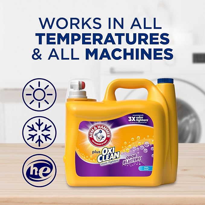 ARM & HAMMER Plus OxiClean with Odor Blasters Liquid Laundry Detergent, Laundry Odor Remover, Attacks Stains, Fresh Burst Scent, 122 Loads, 158.6 Fl Oz