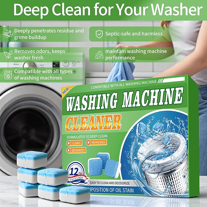 Washing Machine Cleaner Tablets 12 Pack - Deep Cleaning Tablets for HE Front & Top Load Washers, Septic Safe, Eco-Friendly, Removes Residue & Odors