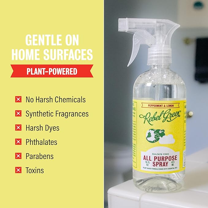 Rebel Green Natural All-Purpose Cleaning Spray - Plant-Derived Multi-Surface Cleaner with Essential Oils for Kitchen, Bath, Countertops and More - Peppermint & Lemon Scent - 16 oz - 2 Pack