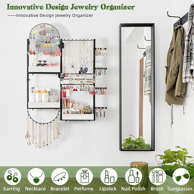 Keebofly Wall Mount Hanging Jewelry Organizer - Large Display Holder for Earrings, Rings, Necklaces, Bracelets, Watches and Perfume - White