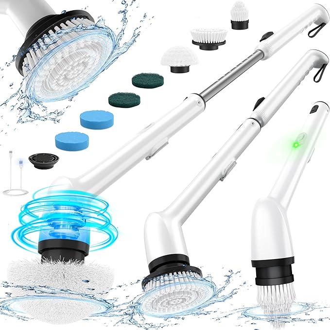 LyriFine Electric Spin Scrubber, New Full-Body IPX7 Waterproof Bathroom Cleaner Brush, Shower Scrubber with Long Handle & 2 Speed, Heads Replacement, Cleaning Supplies for Tub Shower Tile Floor