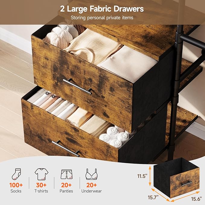 ONBRILL T2 Wall Mounted Industrial Pipe Clothing Rack, Closet Organizers and Storage System with 2 Drawers, 6 Wooden Shelves & 4 Expandable Rods, Heavy Duty Garment Rack, Wardrobe (Rustic Brown)