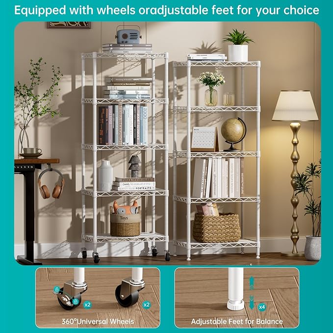 SINGAYE 6 Small Shelf Storage Wire Shelves Closet Bathroom Organizers Metal Pantry Kitchen Garage Shelving Unit Laundry Room Organization Home Narrow Rack Net Basket with Wheels White